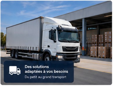 Camion de transport DAAKTRANSPORT devant un entrepôt